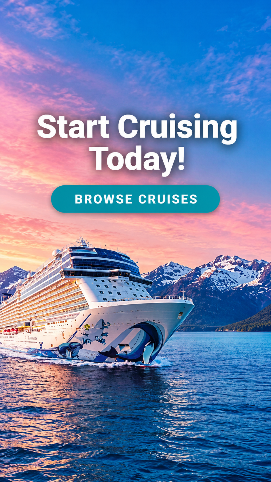 Cruise ship at scenic port with mountains